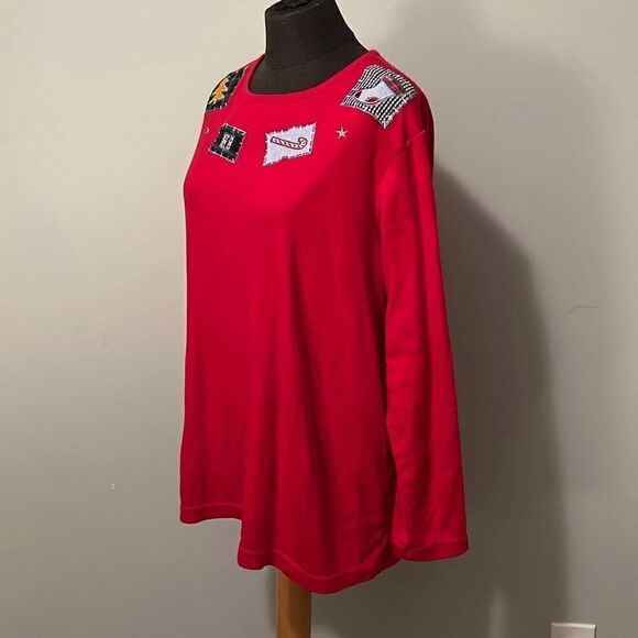 Boobie Brooks Women's Red Christmas Holiday Patches Top Long Sleeve 14W/16W - Picture 4 of 7